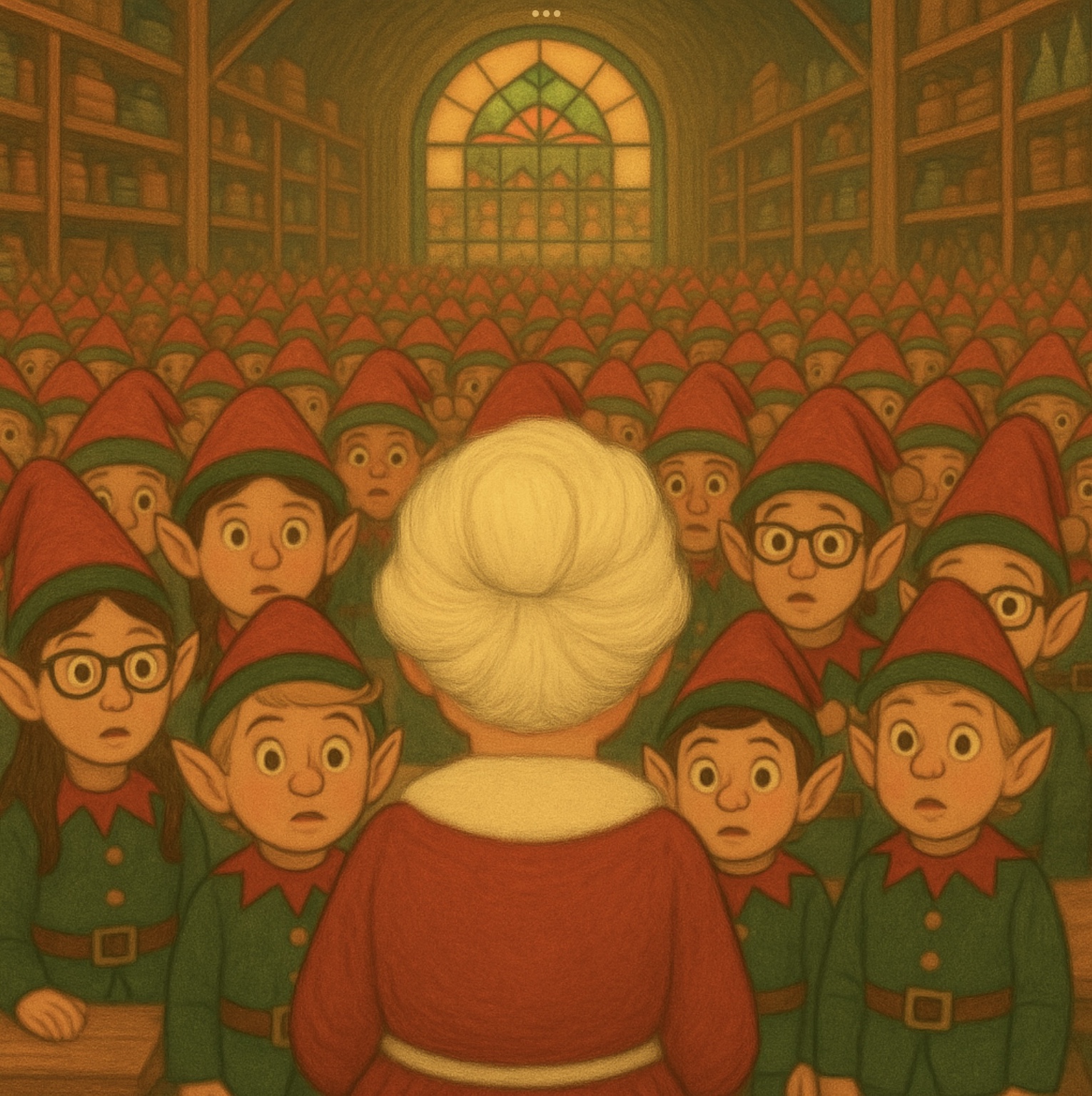 Mrs. Claus facing a room filled with surprised elves